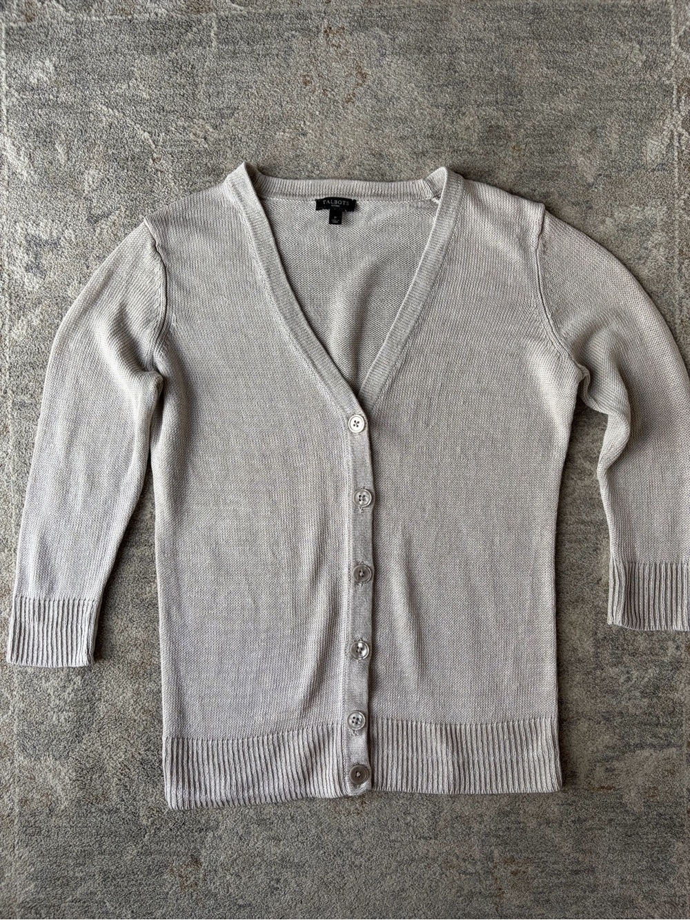 Talbots Light Gray Tan Linen V-Neck Button Cardigan Sweater Women's